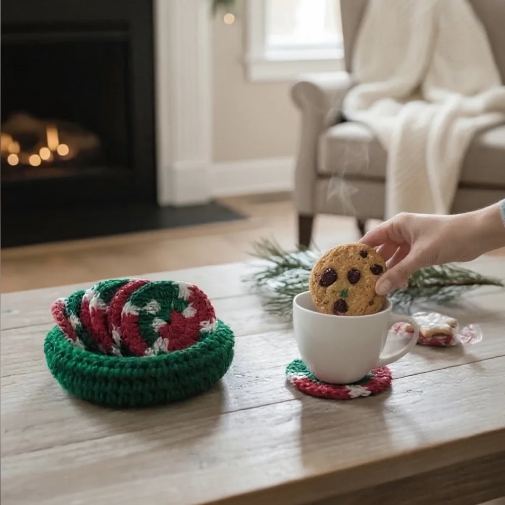 Handmade Coaster Set Holder Holiday Red White Green Crochet Christmas